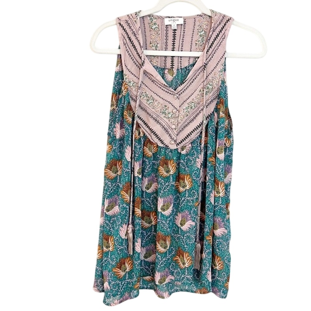 Umgee Womens Boho Floral Mixed Print Sleeveless Tassel Tie Top Green‎ Pink M